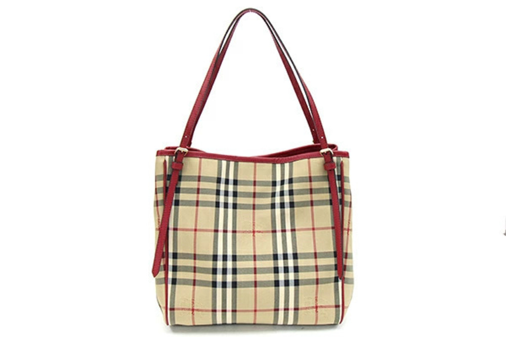 Burberry red Check beige leather Nova bag canvas shoulder tote Red Tan